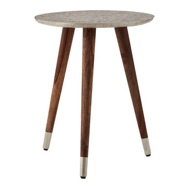 White Embossed Metal Top Side Table with Natural Tripod Wood Base | Boho