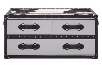 Black and White Cowhide Coffee Table with 3 Drawers and Leather Trim | Kensington Townhouse
