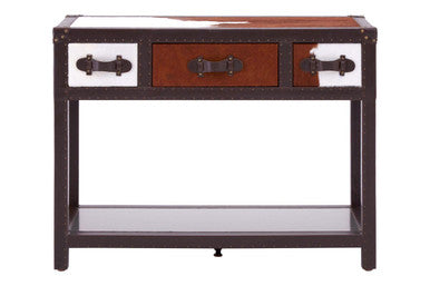 Brown and White Cowhide 3-Drawer Console Table with Leather Trim | Kensington Townhouse