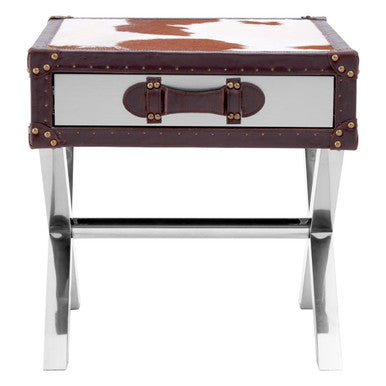 Brown and White Cowhide 1-Drawer Bedside Table with Leather Handle | Kensington Townhouse