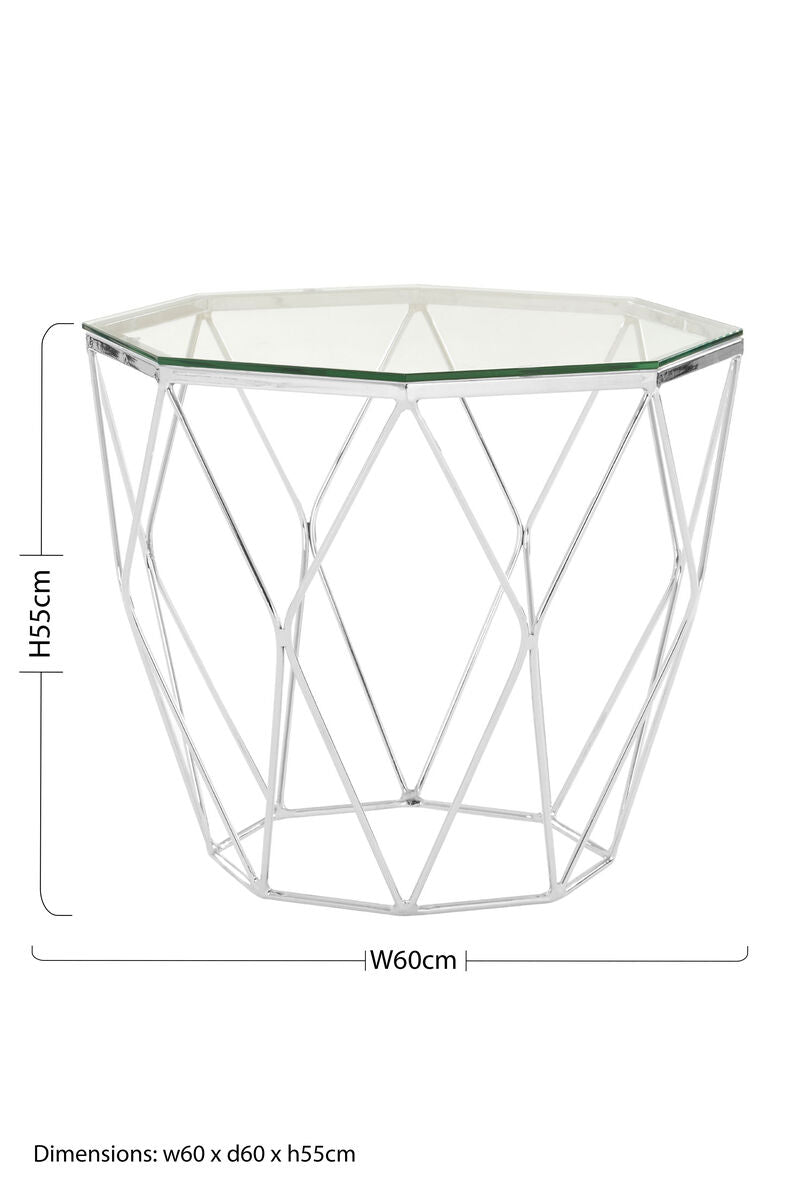 Tempered Glass Top Hexagon End Table with Silver Stainless Steel Geometric Base | Allure