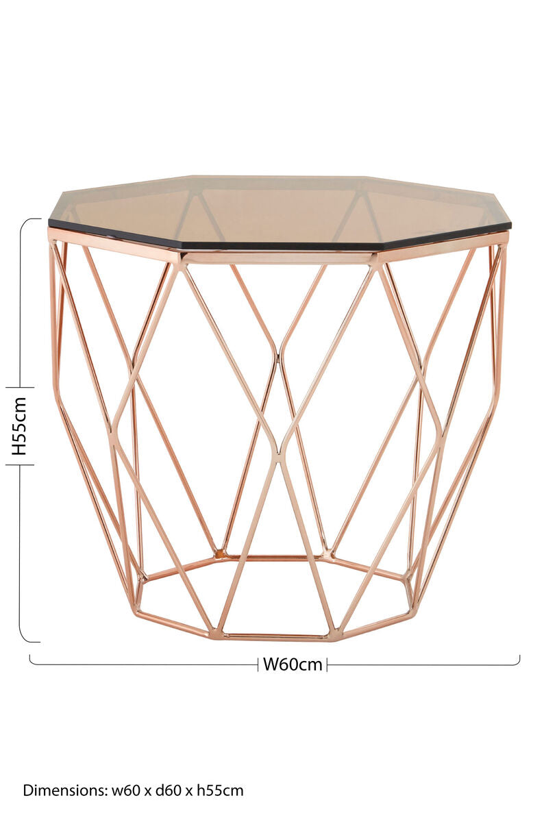 Rose Gold Metal Geometric Side Table with Hexagonal Tempered Glass Top | Allure