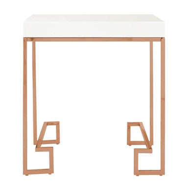 White High Gloss Wood Top End Table with Rose Gold Angled Stainless Steel Leg | Allure