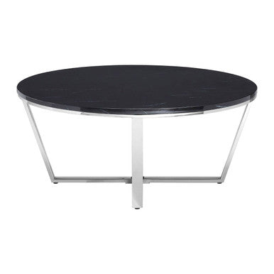 Round Black Faux Marble Coffee Table with Chrome Lattice Leg Design | Allure