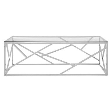 Rectangular Tempered Glass Top Coffee Table with Champagne Gold Geometric Steel Legs | Allure