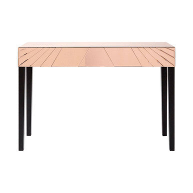 Rose Gold Mirrored Console Table with Sunburst Engraving and Black Legs | Kensington Townhouse