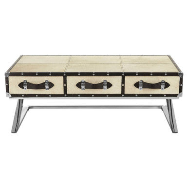 Mango Wood Three-Drawer Coffee Table with Leather Handles Black Trim and Stud Detailing | Kensington Townhouse
