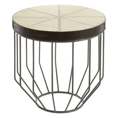 Tall Iron Side Table with Genuine Leather and Mango Wood Top | Kensington Townhouse