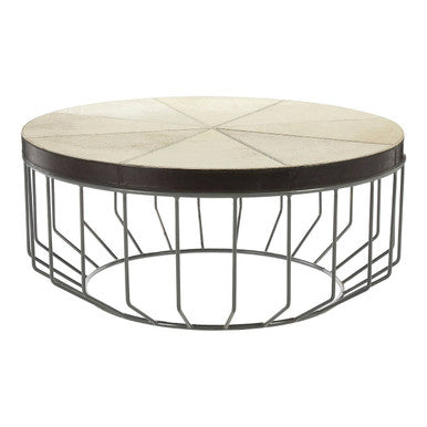 Genuine Leather Coffee Table with Distressed Grey Iron Cage Base | Kensington Townhouse