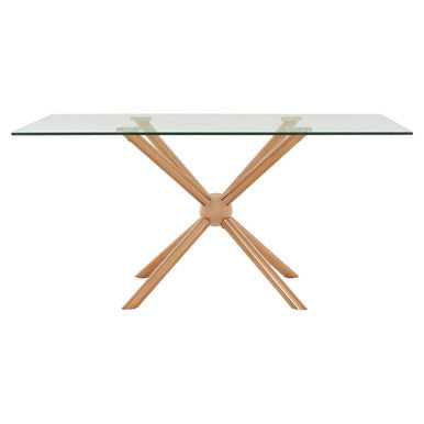 Clear Tempered Glass Top Dining Table with Rose Gold Metallic Sphere Base | Novo