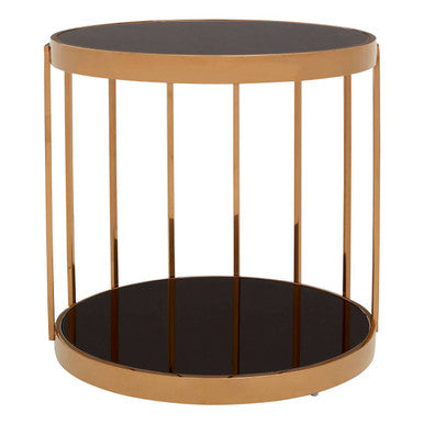 Rose Gold Steel Cage Design Frame Side Table with Tempered Black Glass | Novo
