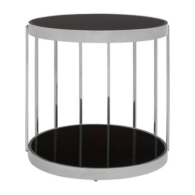 Silver Steel Cage Design Frame Side Table with Tempered Black Glass | Novo