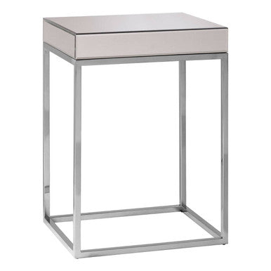 Silver Mirrored and Wooden Side Table with Stainless Steel Frame | Gianna
