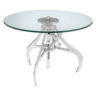 Clear Glass Top Accent Table with Silver Height Adjustable Crank Mechanism Metal Frame | Maxi