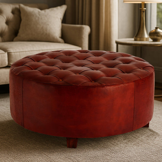 Inca Round Button Tufted Antique Brown Leather Large Stool