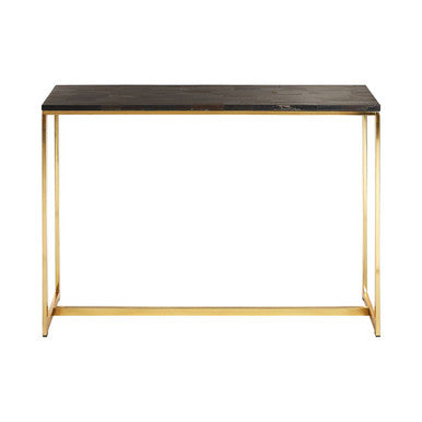 Dark Petrified Wood Top Console Table with Brass Finish Geometric Frame | Relic