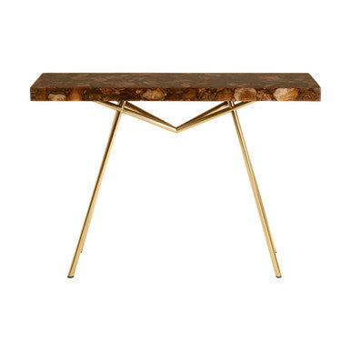 Natural Agate Console Table in Gold Warm Brass Tone Finish | Relic