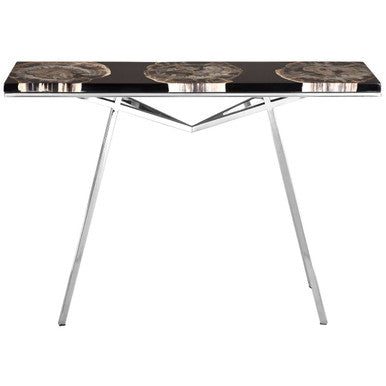 Black Resin and Wooden Console Table with Sleek Stainless Steel Silver Legs | Relic