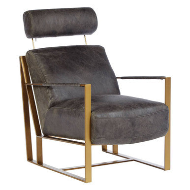Hoxton Grey Leather Lounge Chair with Rose Gold Finish Iron Frame