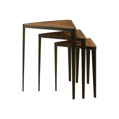 Elmo Elm Wood and Iron Set Of 3 Triangular Tables