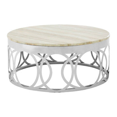 White Marble Top Coffee Table with Silver Stainless Steel Circular Base | Yasmin