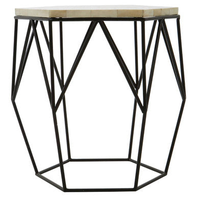 Black and White Resin Hexagon Side Table with Black Wireframe Base | Harlo