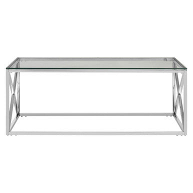 Silver Finish Coffee Table with Cross Frame and Tempered Glass Top | Allure