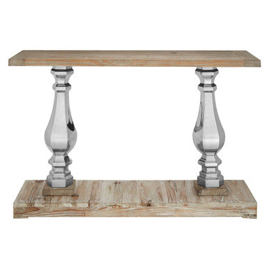 Brown Whitewash Pine Wooden Console Table with Carved Silver Pillar Columns and Brown Wooden Base | Richmond