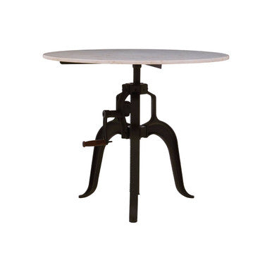 White Marble Top Small Bar Table with Black Iron Cabriole Legs and Crank Mechanism | Vasco