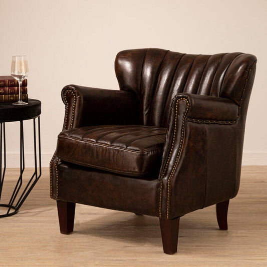 Victor Brown Leather Winged Armchair with Channel Tufting