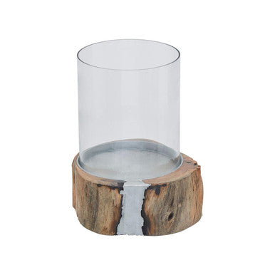 Almora Natural Acacia Wood Small Hurricane Candle Holder with Glass Insert