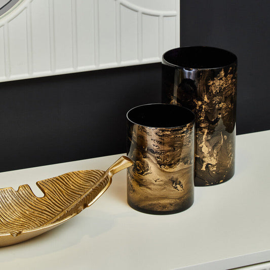 Gaia Black And Gold Marble Effect Large Candle Holder