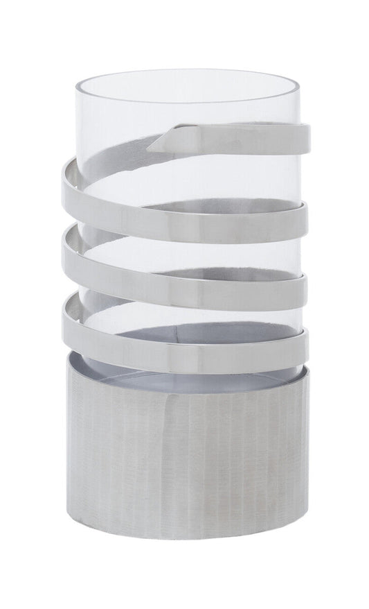 Amreli Silver Metal and Glass Small Hurricane Candle Holder with Spiral Design