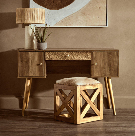 Kendari Hair on Leather and Teak Wood Square Stool