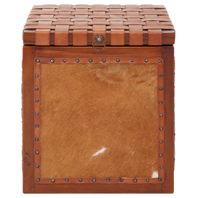 Kendari Natural Hair on Leather Storage Stool with Stud Detail