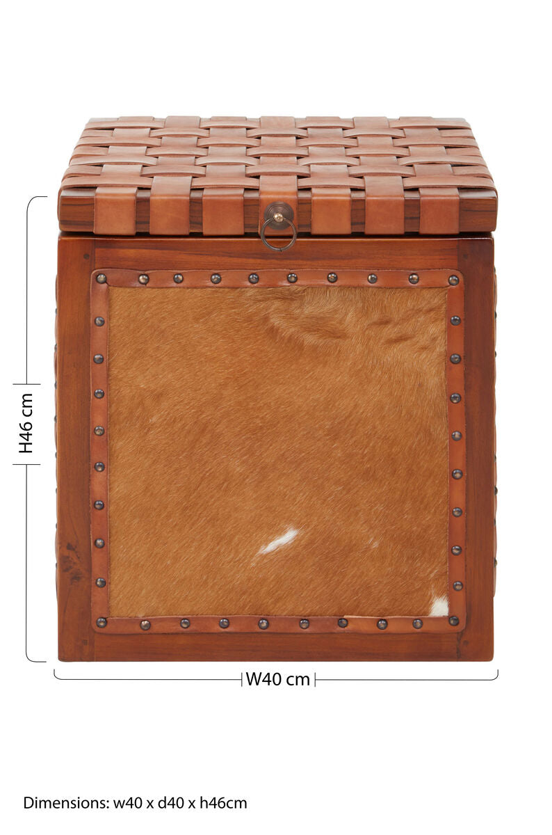 Kendari Natural Hair on Leather Storage Stool with Stud Detail