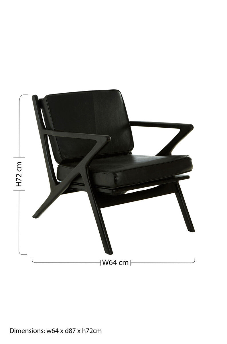 Kendari Black Leather and Teak Wood Frame Armchair