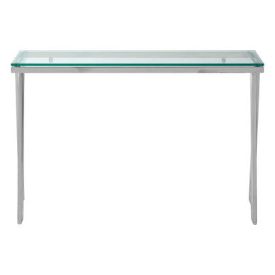 Clear Glass Top Console Table with Silver Finish Stainless Steel Base | Piermount