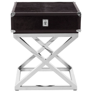 Black and Silver Hair-On-Leather Top 1-Drawer Side Table with Stainless Steel Legs | Kensington Townhouse