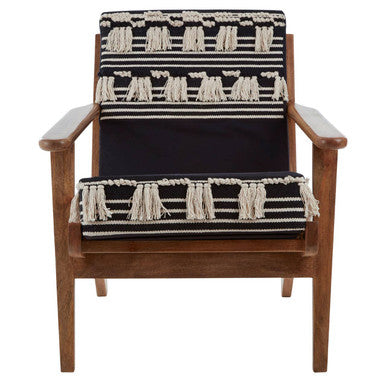 Cefena Black and White Shaggy Fabric Lounge Chair with Mango Wood Frame