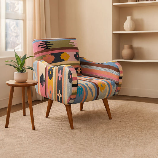 Cefena Multi Coloured Fabric Chair With Mango Wood Legs