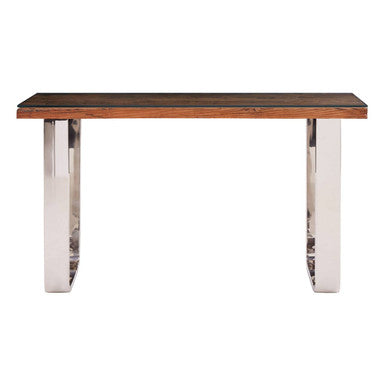 Natural Wood and Clear Glass Top Console Table with Silver U-Shaped Metal Legs | Kerala