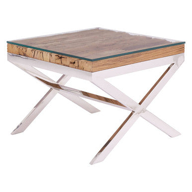 Square Natural Wood and Clear Glass Top End Table with Silver Cross Base | Kerala