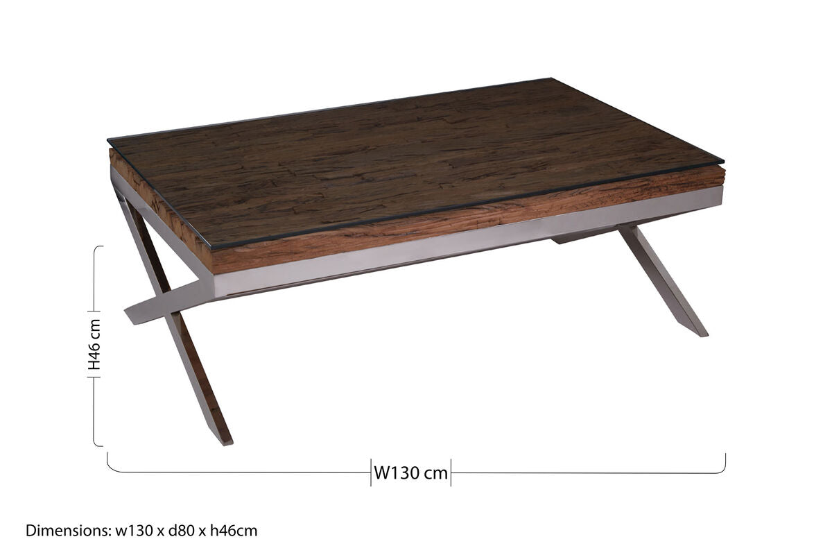 Square Natural Wood and Clear Glass Top Coffee Table with Silver Cross Base | Kerala