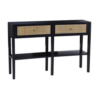 Black Console Table with Sturdy Frame and 2 Rattan-Front Drawers | Corso
