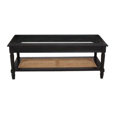 Black Finish Clear Glass Top Coffee Table with Natural Rattan Woven Shelf | Corso