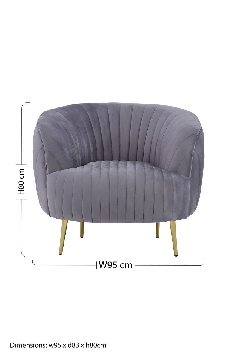 Florina Grey Velvet Barrel Chair with Gold Finish Metal Legs