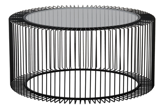 Tempered Glass Top Round Coffee Table with Black Wireframe Cage Design Base, Trento