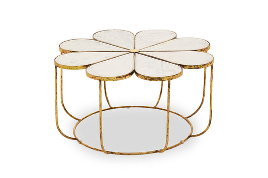 White Polished Marble Top Coffee Table with Petal Design Openwork Base | Rabia
