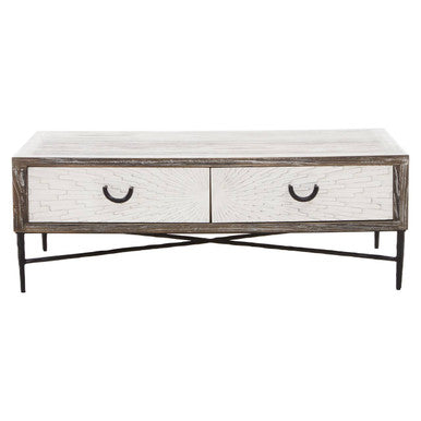 Dark Mud Grey Recycled Elm Wood Coffee Table with Two Storage Drawers and Metal Frame | Milan